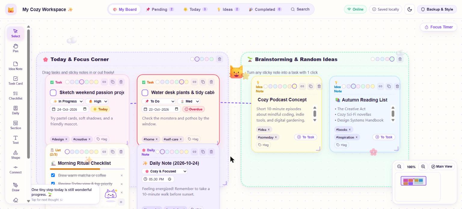 CozyBoard canvas with task cards, sticky notes and a checklist grouped into sections