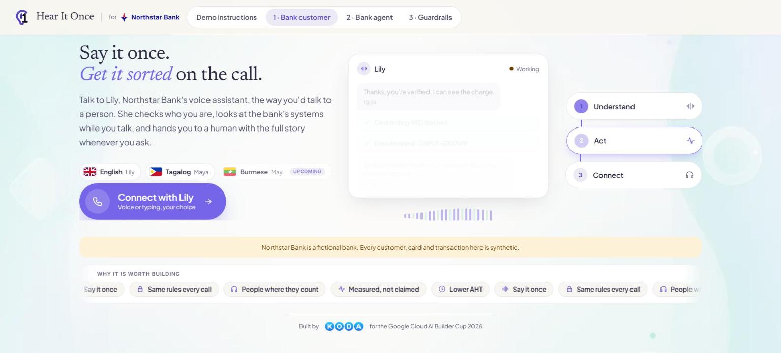 Hear It Once conversational AI landing screen