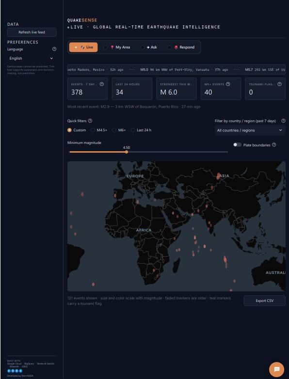 QuakeSense live global earthquake map with magnitude filters