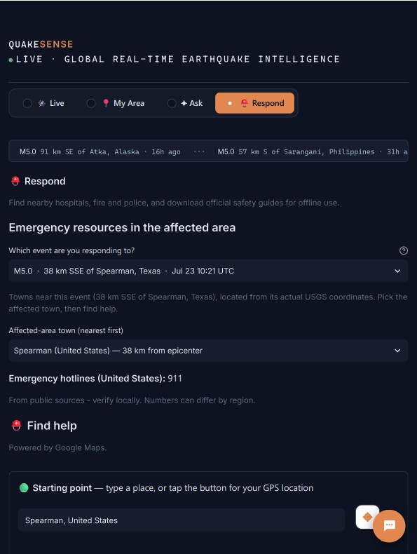 QuakeSense Respond page for finding emergency help