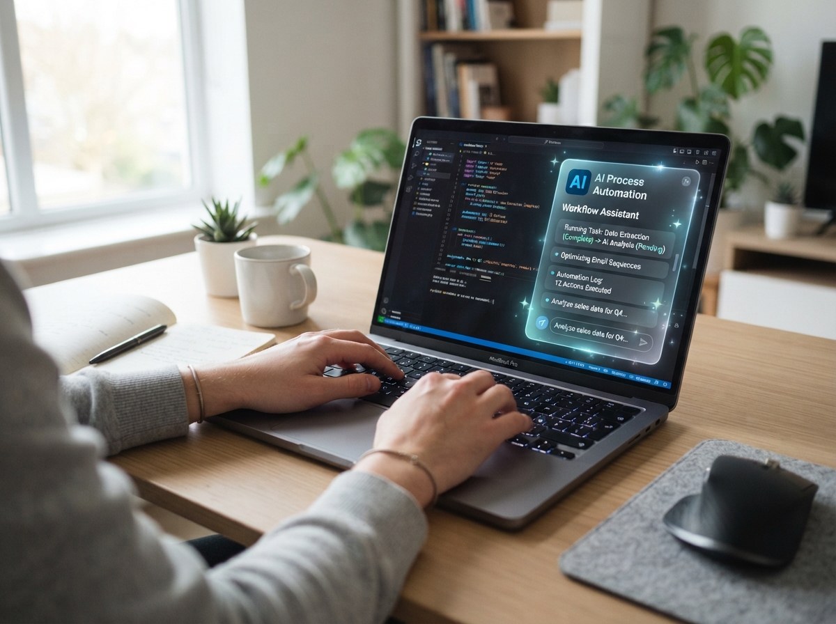 A laptop showing an AI workflow assistant automating tasks, with hands typing