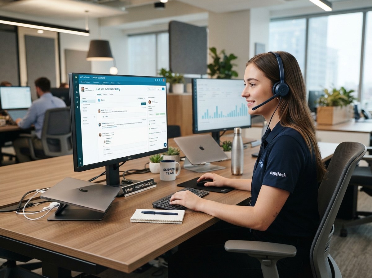 A support agent wearing a headset working at a desk with a customer ticketing interface on screen