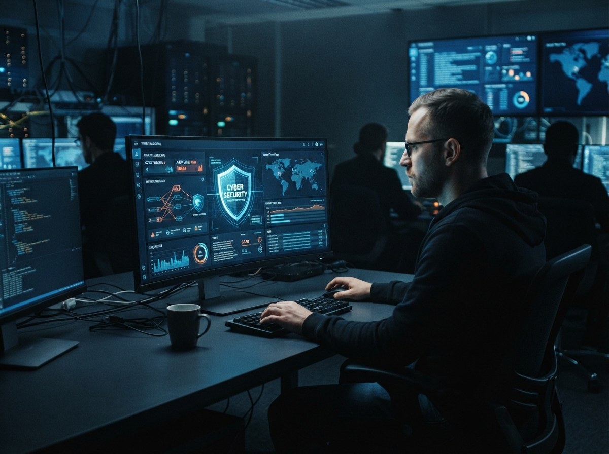 A security analyst monitoring threat dashboards in a dim security operations center
