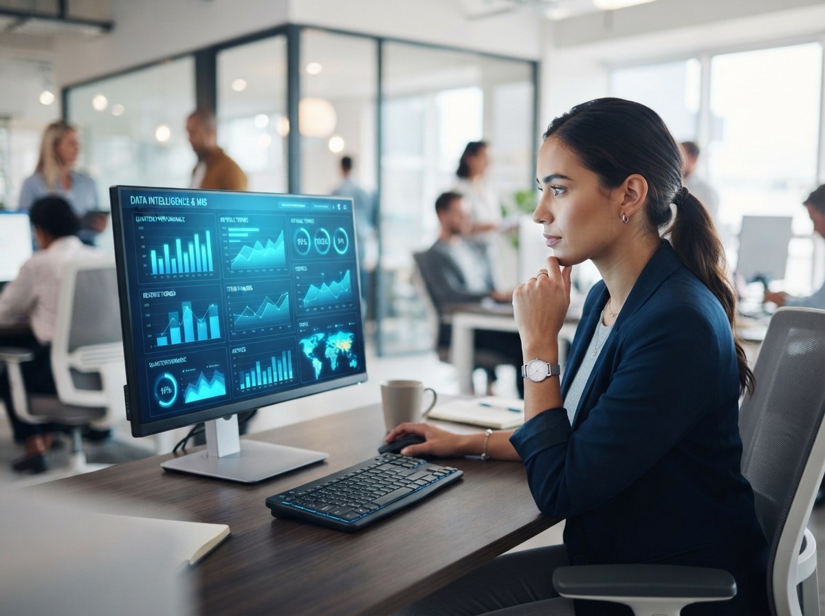An analyst reviewing data dashboards and charts on a monitor in an open office