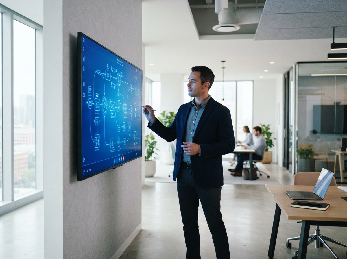 A professional reviewing a workflow automation diagram on a large display in a modern office