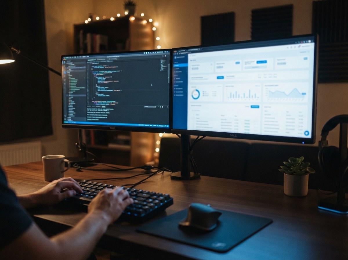 A developer's dual-monitor setup showing code on one screen and a web application dashboard on the other